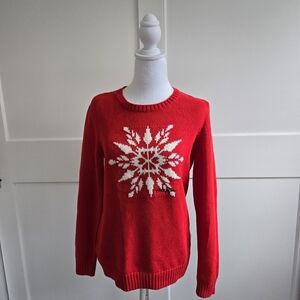 Tommy Hilfiger Womens Medium Red Cotton Snowflake Winter Sweater